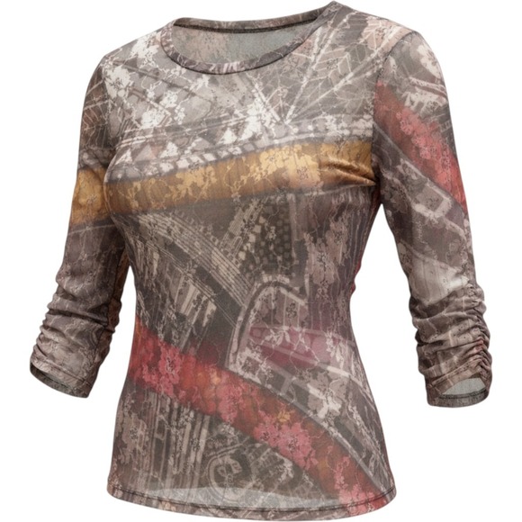 Unbranded Tops - Sheer Floral Lace Mesh Top Rhinestone Print Ruched‎ Y2K Grunge Camo Whimsigoth